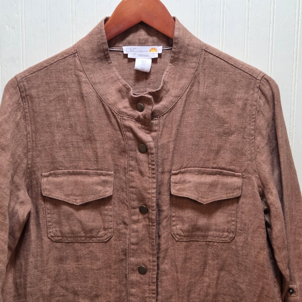 C&C California Jacket Womens Small Brown‎ Linen Snap Front Utility Drawstring